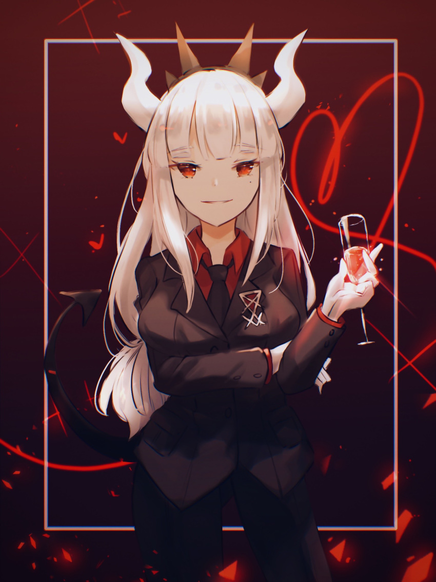 1girl bangs black_jacket black_neckwear black_pants blush breasts commentary cup demon_girl demon_horns demon_tail drinking_glass eyebrows_visible_through_hair formal gloves heart helltaker highres holding holding_cup horns jacket large_breasts long_hair looking_at_viewer lucifer_(helltaker) miyu_(miy_u1308) mole mole_under_eye necktie pants red_background red_eyes red_shirt shirt smile solo tail white_hair white_horns wine_glass