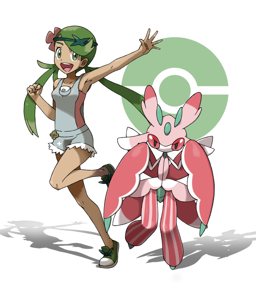 1girl :d arm_up armpits bangs clenched_hand collarbone commentary_request flower gen_7_pokemon green_eyes green_footwear green_hair hair_flower hair_ornament highres long_hair looking_at_viewer lurantis mallow_(pokemon) open_mouth poke_ball_symbol pokemon pokemon_(creature) pokemon_(game) pokemon_sm shoes smile spread_fingers standing standing_on_one_leg swept_bangs teeth teru_zeta tongue trial_captain twintails upper_teeth white_background