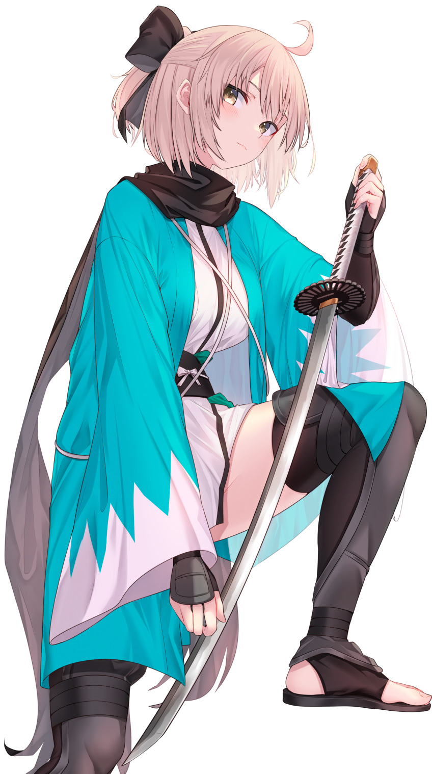 1girl absurdres ahoge bangs black_bow black_scarf blonde_hair blush bow breasts commentary_request eyebrows_visible_through_hair fate/grand_order fate_(series) hair_between_eyes hair_bow highres japanese_clothes jun_(aousa0328) kimono light_smile looking_at_viewer okita_souji_(fate) okita_souji_(fate)_(all) painttool_sai_(medium) sash scarf short_hair simple_background solo sword thigh-highs weapon white_background yellow_eyes