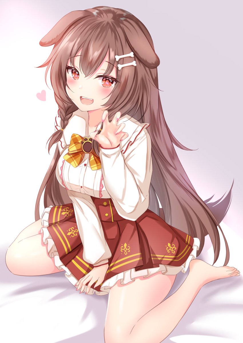 1girl :d animal_ears bare_legs barefoot bed_sheet between_legs blush bone_hair_ornament bow bowtie braid breasts brown_hair claw_pose commentary dog_ears dog_tail eyebrows_visible_through_hair eyelashes hair_between_eyes hand_between_legs heart highres hololive inugami_korone long_hair long_sleeves looking_at_viewer medium_breasts medium_hair miniskirt nail_polish open_mouth orange_neckwear pink_nails plaid_neckwear pleated_skirt red_eyes red_skirt shirt side_braids simple_background sitting skirt smile solo symbol_commentary tail thighs twin_braids virtual_youtuber wariza white_background white_shirt yuano