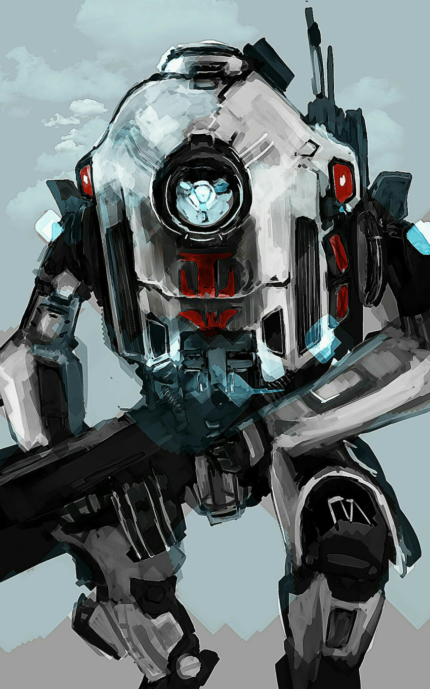 aqua_background blue_eyes clenched_hand glowing glowing_eyes gun highres holding holding_gun holding_weapon mecha no_humans robot solo statham titanfall titanfall_2 tone_(titanfall_2) walking weapon