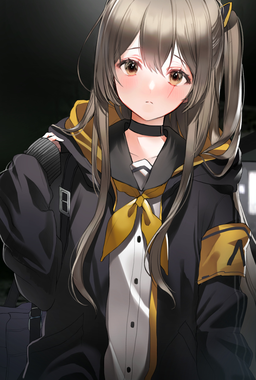 1girl 2sham absurdres bag bangs black_choker black_jacket black_sailor_collar blush brown_eyes brown_hair brown_neckwear choker closed_mouth commentary dress_shirt eyebrows_behind_hair girls_frontline hair_between_eyes hand_up highres hood hood_down hooded_jacket jacket long_hair long_sleeves looking_at_viewer neckerchief night night_sky one_side_up open_clothes open_jacket outdoors puffy_long_sleeves puffy_sleeves sailor_collar scar scar_across_eye school_bag school_uniform serafuku shirt sky sleeves_past_wrists solo ump45_(girls_frontline) very_long_hair white_shirt