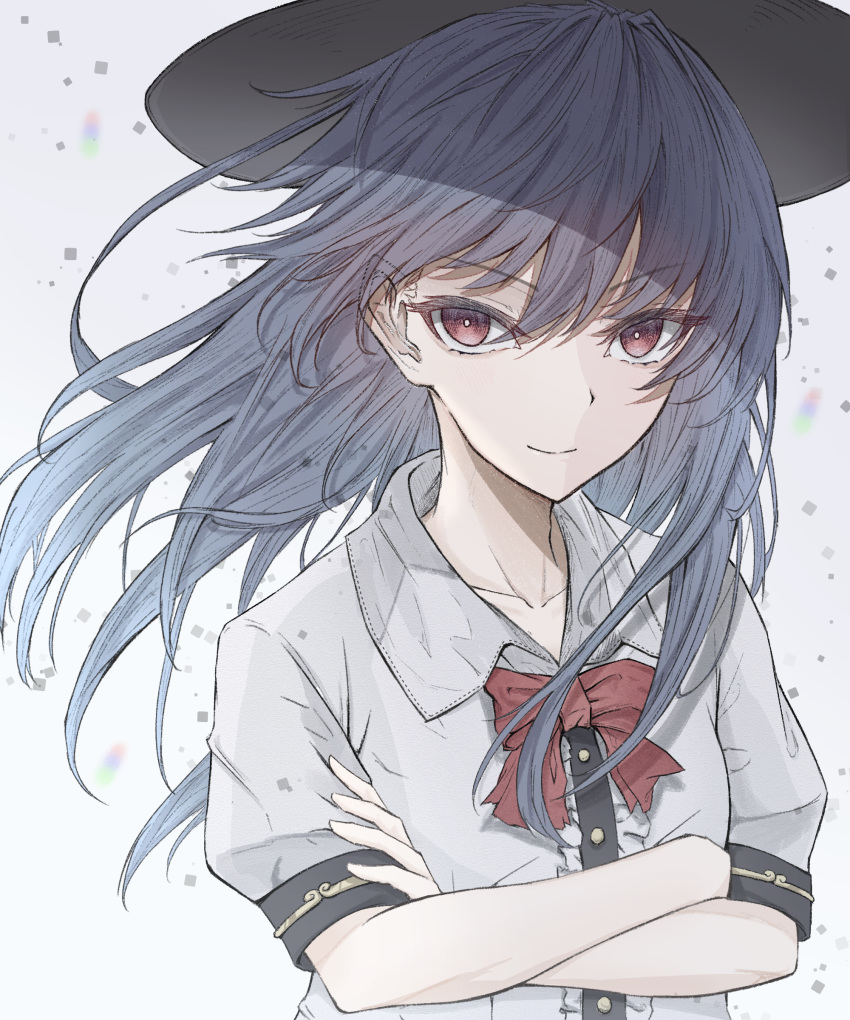 1girl absurdres bangs black_headwear blouse blue_hair bow bowtie brown_eyes buttons collarbone eyebrows_visible_through_hair eyes_visible_through_hair floating_hair hat hegata_(hegatia_lapis) highres hinanawi_tenshi long_hair looking_at_viewer neck_ribbon red_bow ribbon shirt short_sleeves touhou white_blouse white_shirt wing_collar