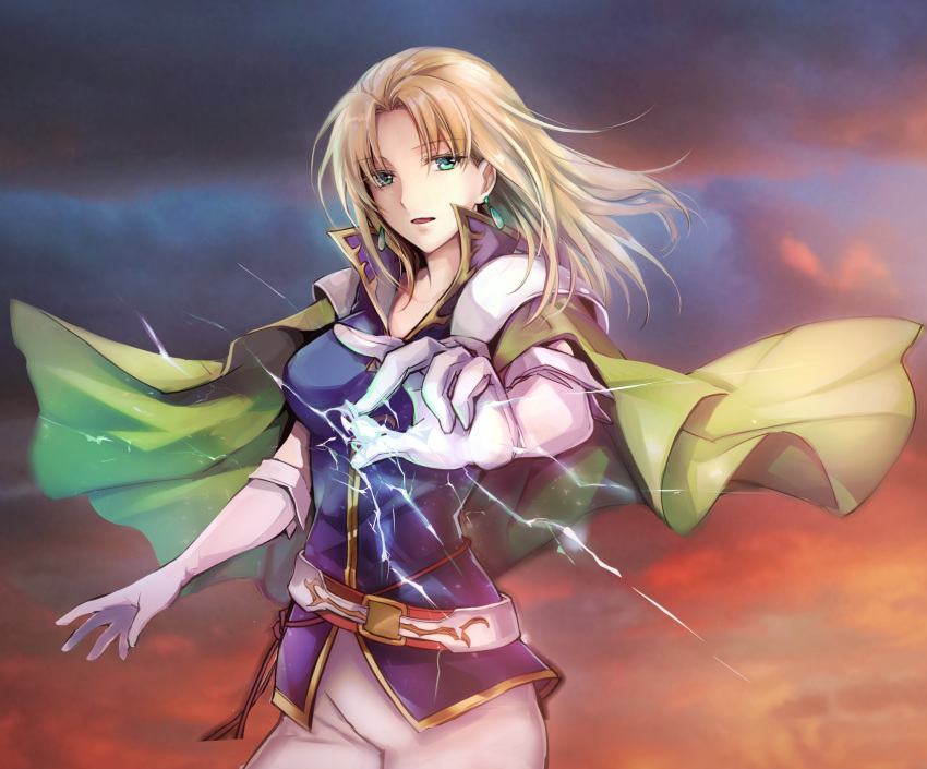 1girl bangs belt blonde_hair blue_sky breasts cape celina_(fire_emblem) clouds cloudy_sky commentary cowboy_shot dress earrings elbow_gloves electricity eyebrows_visible_through_hair fire_emblem fire_emblem:_the_sacred_stones gloves green_cape green_eyes highres jewelry looking_at_viewer magic medium_breasts medium_hair mintes orange_sky outdoors parted_bangs parted_lips purple_vest sky solo vest white_dress white_gloves wind