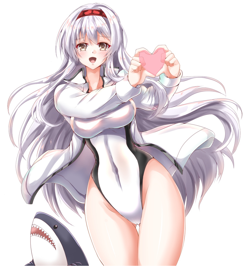 1girl ass_visible_through_thighs brown_eyes clip_studio_paint_(medium) commentary_request competition_swimsuit hairband heart heart_hands highres ikea_shark jacket kantai_collection kentan_(kingtaiki) long_hair looking_at_viewer one-piece_swimsuit open_clothes open_jacket red_hairband shoukaku_(kantai_collection) simple_background smile solo standing stuffed_animal stuffed_shark stuffed_toy swimsuit thigh_gap white_background white_hair white_jacket white_swimsuit
