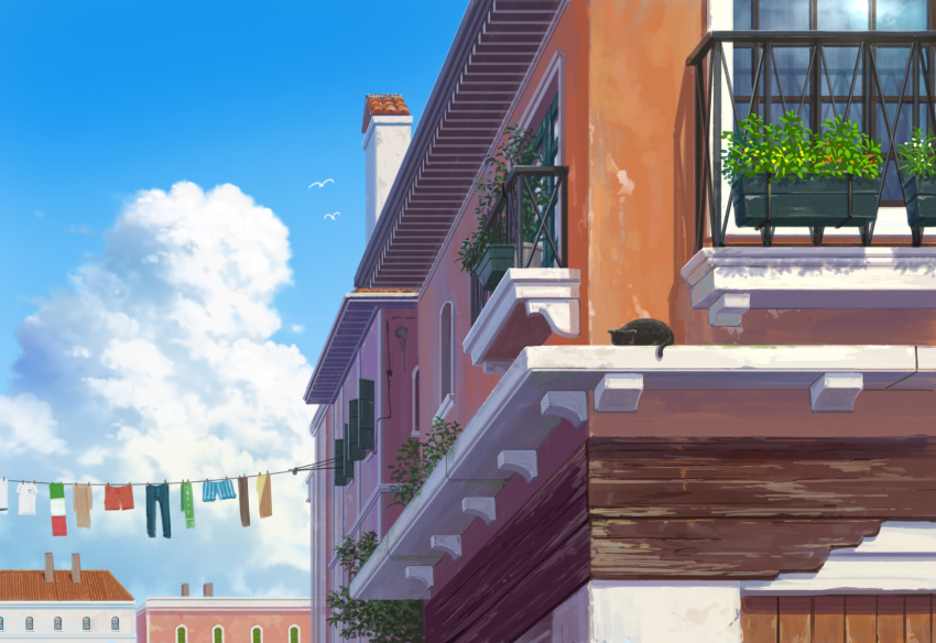 animal balcony bird building cat chimney clothesline clouds day highres no_humans original outdoors pei_(sumurai) plant potted_plant scenery sky window
