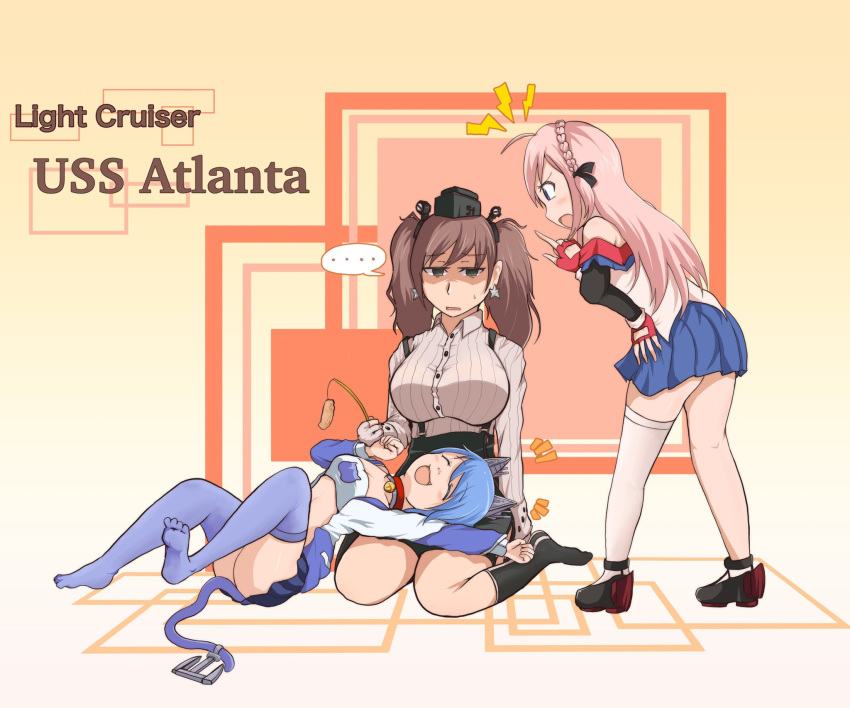 ... 3girls ahoge anchor animal_ears atlanta_(azur_lane) atlanta_(kantai_collection) atlanta_(warship_girls_r) azur_lane blue_hair blue_legwear blush braid breasts brown_hair cat_teaser character_name commentary_request crown_braid earrings fake_animal_ears fingerless_gloves garrison_cap gloves grey_eyes hat high-waist_skirt highres hisan jacket jewelry kantai_collection lap_pillow large_breasts long_hair long_sleeves multiple_girls namesake open_mouth pink_hair remodel_(warship_girls_r) shaded_face short_hair single_thighhigh sitting skirt smile spoken_ellipsis star_(symbol) star_earrings strapless suspender_skirt suspenders sweatdrop thigh-highs tubetop twintails wariza warship_girls_r white_legwear