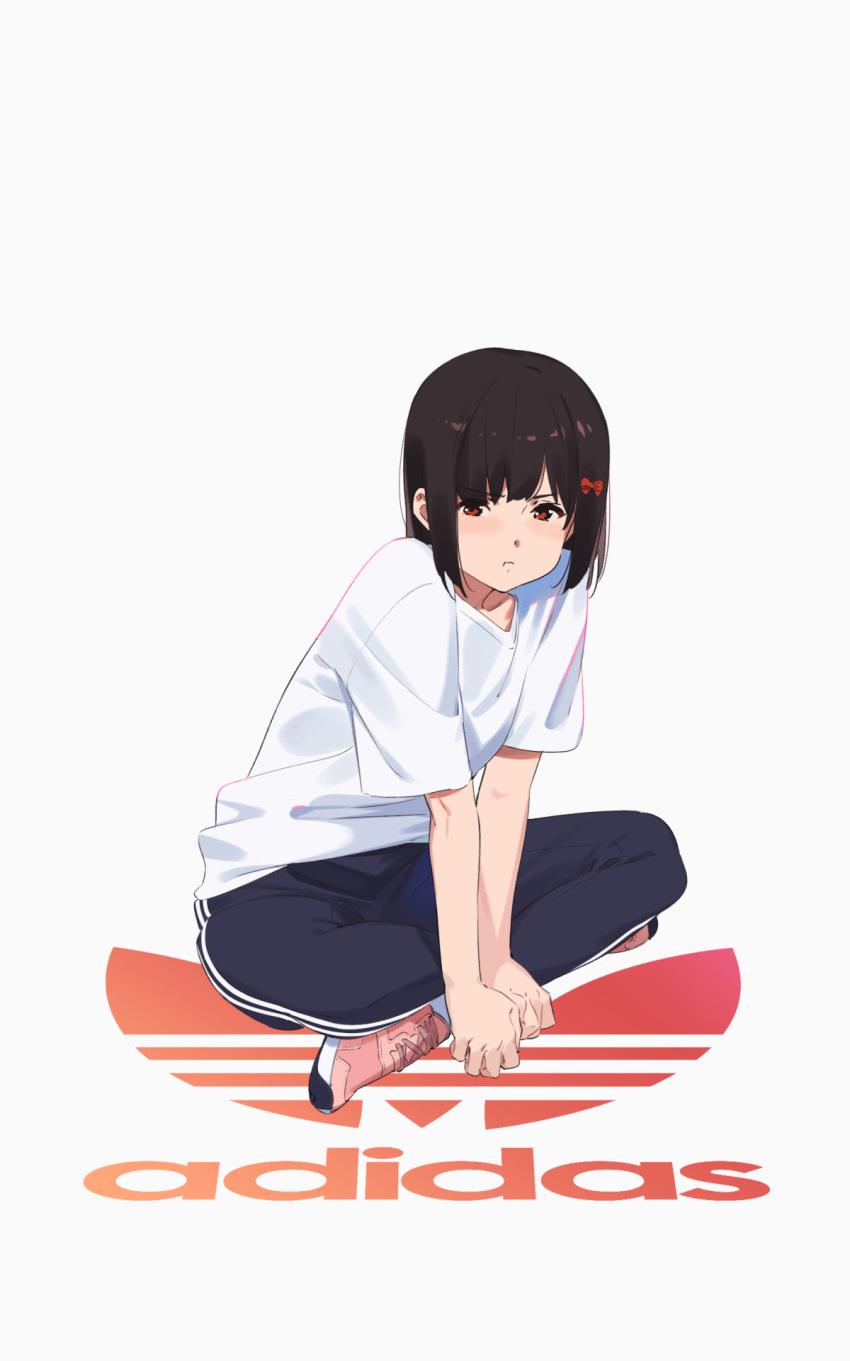 1girl :t adidas bangs black_hair black_pants blush bow closed_mouth company_name eyebrows_visible_through_hair full_body hair_bow hibike!_euphonium highres hisaishi_kanade kamo_kamen leaning_forward pants pink_footwear pout red_bow red_eyes shirt short_hair short_sleeves sitting solo track_pants v-shaped_eyebrows white_shirt