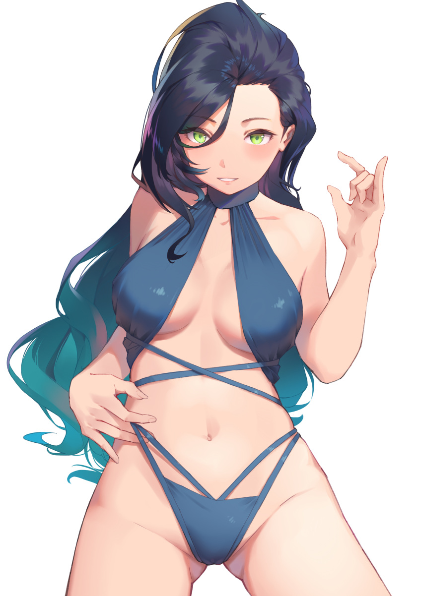1girl absurdres bare_arms black_hair blue_swimsuit breasts girls_frontline green_eyes highres large_breasts long_hair looking_at_viewer messy_hair navel python_(girls_frontline) ren_huozhe simple_background smile solo swimsuit teeth white_background