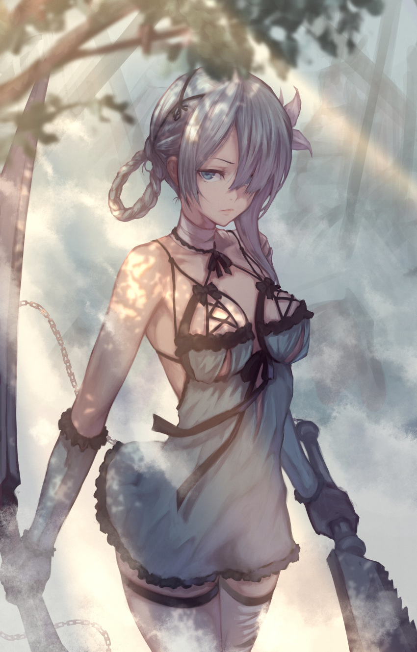 1girl absurdres bandaged_neck bangs bare_shoulders black_gloves blue_eyes braid breasts chain closed_mouth commentary_request day detached_sleeves dress dual_wielding flower gloves grey_hair hair_flower hair_ornament hair_over_one_eye highres holding holding_sword holding_weapon kaine_(nier) looking_at_viewer medium_breasts medium_hair nier nier_(series) outdoors reverse_grip shadow short_dress sleeveless solo sunlight sword thigh-highs tied_hair tree_branch weapon white_flower yasu_(segawahiroyasu) zettai_ryouiki
