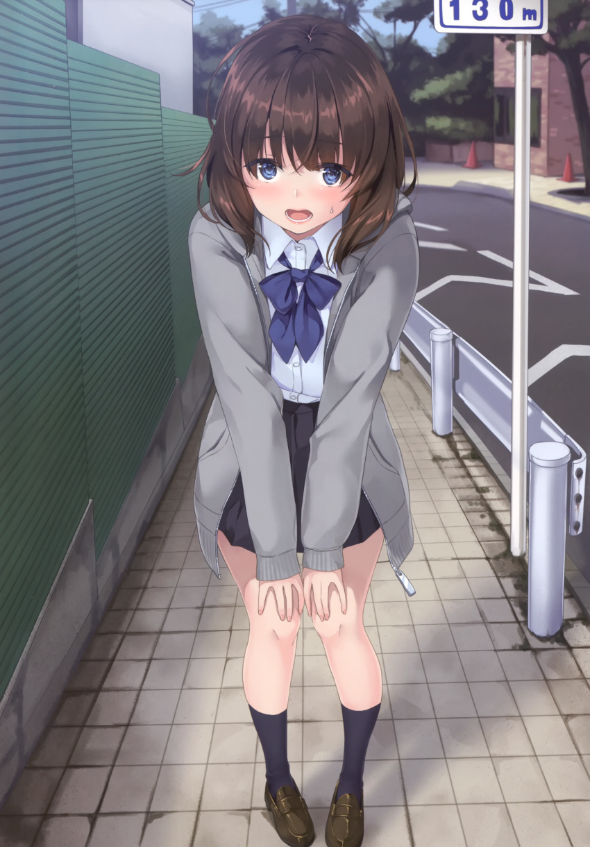 1girl absurdres bangs blue_eyes blue_legwear blush bow brown_footwear brown_hair buttons day eyebrows_visible_through_hair fingernails highres jacket lips loafers long_sleeves looking_at_viewer medium_hair open_clothes open_jacket open_mouth original outdoors scan shiny shiny_hair shiny_skin shirt shoes skirt socks solo unasaka_ryou zipper zipper_pull_tab