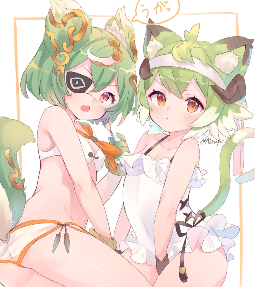 2girls animal_ear_fluff animal_ears ass bare_arms bare_shoulders bikini cat_ears cat_tail character_request eyepatch fang fork gloves green_hair headband highres holding holding_fork last_period mimosa_(last_period) mul_latum multiple_girls one-piece_swimsuit open_mouth red_eyes short_hair simple_background skin_fang swimsuit tail twitter_username wata_ramune white_background white_bikini white_headband white_swimsuit