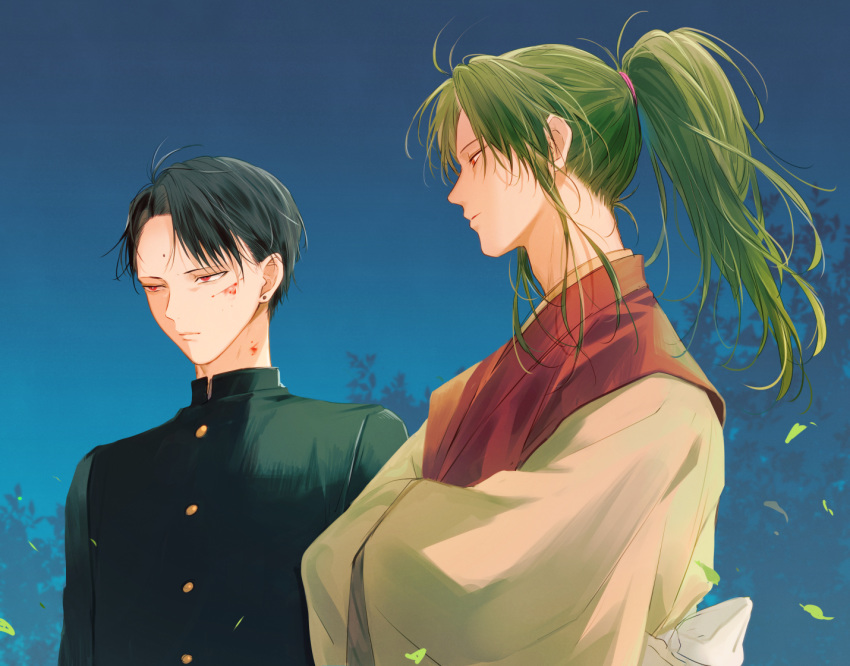 2boys araratake bindi black_hair blood blood_on_face crossed_arms cuts dark_skin expressionless green_hair injury itsuki_(yuu_yuu_hakusho) leaf long_hair male_focus multiple_boys ponytail red_eyes sensui_shinobu short_hair simple_background upper_body yellow_eyes younger yuu_yuu_hakusho