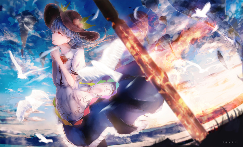 1girl arms_up artist_name bird black_headwear blue_hair blue_skirt blue_sky blurry_foreground bow bowtie clouds commentary cowboy_shot day dove dress english_commentary fisheye floating_hair floating_island food from_side fruit hands_clasped hat highres hinanawi_tenshi layered_dress leaf long_hair looking_to_the_side looking_up outdoors own_hands_together parted_lips peach petticoat photoshop_(medium) planted_sword planted_weapon praying puffy_short_sleeves puffy_sleeves red_eyes red_neckwear shirt short_sleeves skirt sky solo standing sword sword_of_hisou tonan_(l0l0l0l0l0l) touhou very_long_hair weapon white_shirt wind wind_lift