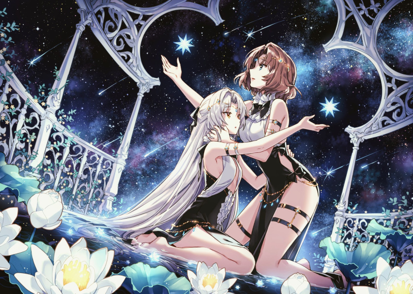 2girls arm_strap armpits bare_shoulders barefoot black_dress blue_eyes breasts brown_hair check_copyright circlet copyright_request dress dutch_angle flower highres kneeling long_hair multiple_girls nardack original outstretched_arm parted_lips pelvic_curtain revision shooting_star short_hair silver_hair sitting sky sleeveless sleeveless_dress small_breasts star_(sky) starry_sky thigh_strap thighs very_long_hair water white_flower yellow_eyes