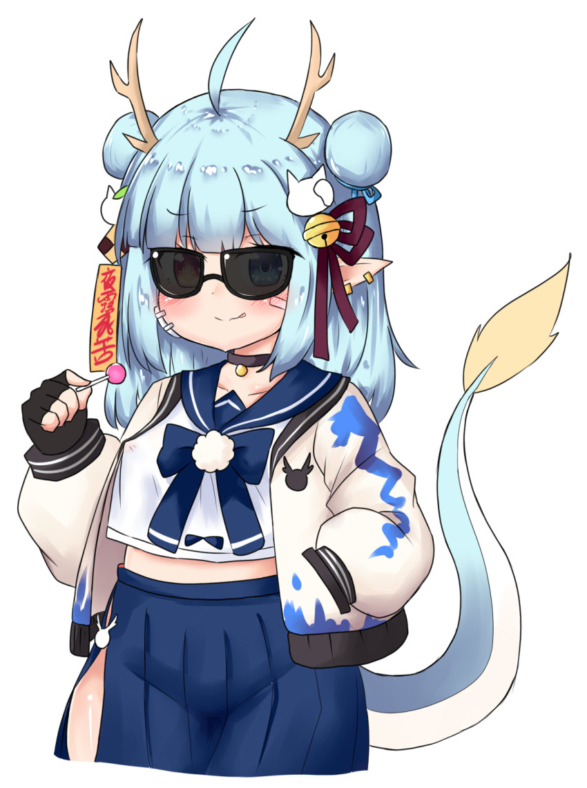 1girl :p ahoge antlers bailingxiao_jiu bell black-framed_eyewear black_choker black_gloves blue_bow blue_eyes blue_hair blue_sailor_collar blue_skirt blush bow brown_ribbon candy cat_hair_ornament checkerboard_cookie choker closed_mouth collarbone cookie cropped_legs double_bun dragon_tail ear_piercing fingerless_gloves food gloves groin hair_bell hair_ornament hair_ribbon hand_up heterochromia highres holding holding_food holding_lollipop impossible_clothes impossible_skirt jacket jingle_bell lollipop long_hair long_sleeves looking_at_viewer open_clothes open_jacket original piercing pleated_skirt pointy_ears puffy_long_sleeves puffy_sleeves red_eyes ribbon sailor_collar school_uniform serafuku shirt skirt smile solo sunglasses tail tail_raised tongue tongue_out white_jacket white_shirt