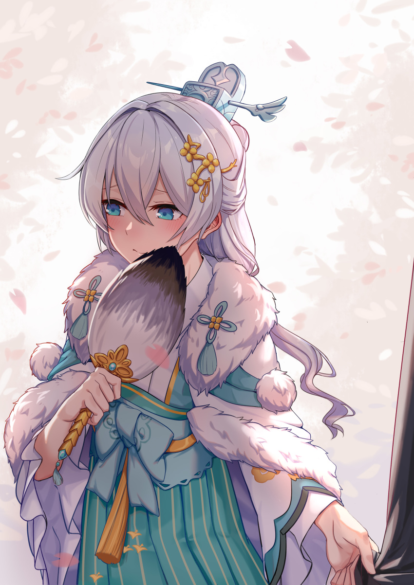 1girl absurdres aqua_bow aqua_skirt blue_eyes blush bow capelet chinese_clothes commentary embarrassed fan feather_fan frilled_sleeves frills fur-trimmed_capelet fur_trim hair_between_eyes hair_bun hair_ornament hair_stick hfp~kubiao highres holding holding_fan honkai_(series) honkai_impact_3rd long_sleeves out_of_frame outdoors painttool_sai_(medium) petals skirt sleeve_tug striped theresa_apocalypse_(starlit_astrologos) vertical-striped_skirt vertical_stripes white_capelet