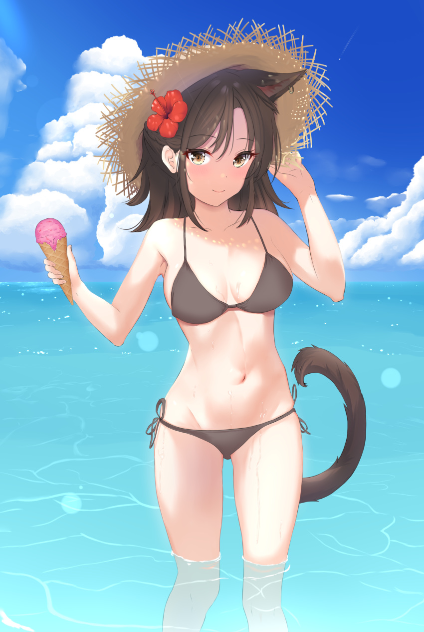 1girl absurdres adjusting_clothes adjusting_hat alan_(acealan5) animal_ears arknights bangs bare_arms bare_shoulders bikini black_bikini black_hair blue_sky breasts brown_eyes cat_ears cat_tail clouds commentary day eyebrows_visible_through_hair feet_out_of_frame flower food groin hair_flower hair_ornament hands_up hat hibiscus highres holding holding_food ice_cream long_hair looking_at_viewer medium_breasts navel outdoors red_flower side-tie_bikini sky skyfire_(arknights) smile solo standing stomach sun_hat swimsuit tail thighs wading water