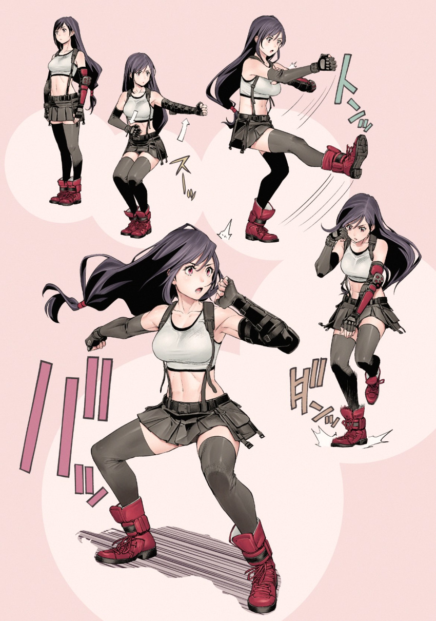 1girl abs armpits arrow_(symbol) belt black_bra black_gloves black_hair black_legwear black_skirt boots bra breasts closed_mouth commentary crop_top cross-laced_footwear elbow_gloves elbow_pads elbowing eyelashes fighting_stance final_fantasy final_fantasy_vii final_fantasy_vii_remake fingerless_gloves full_body gloves highres kicking komi_shin'ya long_hair looking_down low-tied_long_hair martial_arts medium_breasts midriff miniskirt motion_lines multiple_views navel open_mouth outstretched_arm pink_background pleated_skirt red_eyes red_footwear shadow simple_background skirt sleeveless sound_effects sports_bra standing standing_on_one_leg suspender_skirt suspenders tank_top thigh-highs thighs tifa_lockhart toned underwear white_tank_top zettai_ryouiki