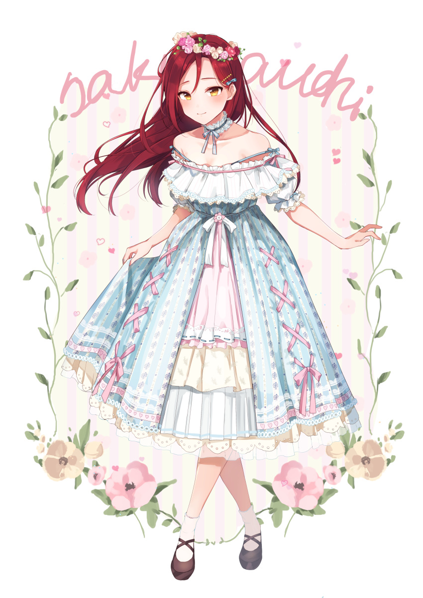 1girl absurdres bangs bare_shoulders black_footwear blue_bow blue_dress blush bow closed_mouth collarbone crossed_legs dress floating_hair flower flower_wreath full_body goroo_(eneosu) hair_bow head_wreath heart highres long_hair love_live! love_live!_sunshine!! off-shoulder_dress off_shoulder parted_bangs pink_flower pink_rose pleated_dress puffy_short_sleeves puffy_sleeves red_flower red_rose redhead rose sakurauchi_riko shoes short_sleeves smile socks solo standing striped striped_background vertical_stripes very_long_hair white_background white_bow white_flower white_legwear white_rose yellow_eyes