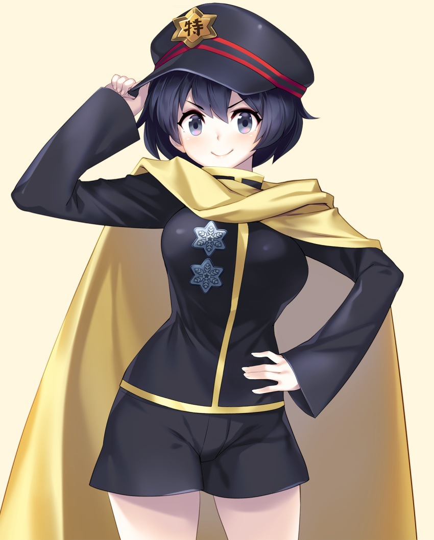 &gt;:) 1girl adjusting_clothes adjusting_hat arm_up bangs beige_background black_hair black_headwear black_shirt black_shorts blush breasts cabbie_hat cape commentary_request cowboy_shot grey_eyes hair_between_eyes hand_on_hip hat highres long_sleeves looking_at_viewer medium_breasts miyako_yoshika shirt short_hair short_shorts shorts simple_background smile solo standing tarmo touhou v-shaped_eyebrows yellow_cape