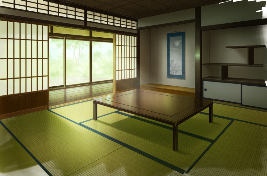 architecture day east_asian_architecture hanging_scroll highres indoors no_humans original pei_(sumurai) scenery scroll shelf shouji sliding_doors table tatami