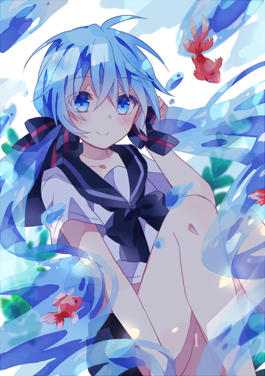 1girl absurdres animal bangs black_bow black_sailor_collar black_skirt blue_eyes blue_hair blush bottle_miku bow closed_mouth commentary eyebrows_visible_through_hair feet_out_of_frame fish goldfish hair_between_eyes hair_bow hand_up hatsune_miku highres knees_up long_hair looking_at_viewer sailor_collar school_uniform serafuku shirt short_sleeves sitting skirt smile solo striped striped_bow twintails very_long_hair vocaloid water white_background white_shirt yuruno