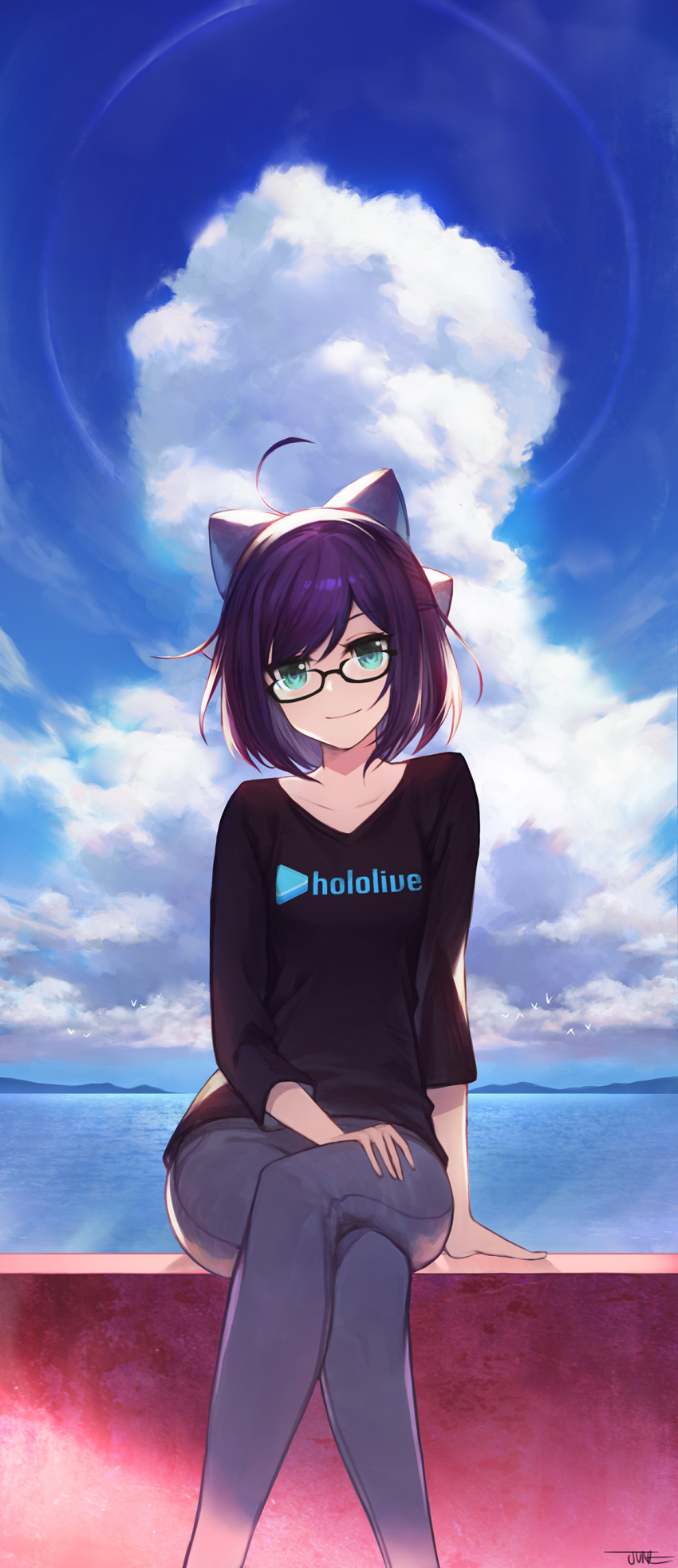 1girl absurdres ahoge aqua_eyes artist_name bangs bird black-framed_eyewear black_shirt blue_pants blue_sky bow breasts closed_mouth clouds cloudy_sky commentary copyright_name crossed_legs day denim eyelashes glasses hair_bow hair_ornament highres hololive jeans jun_wei logo long_sleeves looking_at_viewer ocean outdoors pants parted_bangs photoshop_(medium) purple_hair semi-rimless_eyewear shirt short_hair signature sitting sky small_breasts solo t-shirt virtual_youtuber yuujin_a_(hololive)