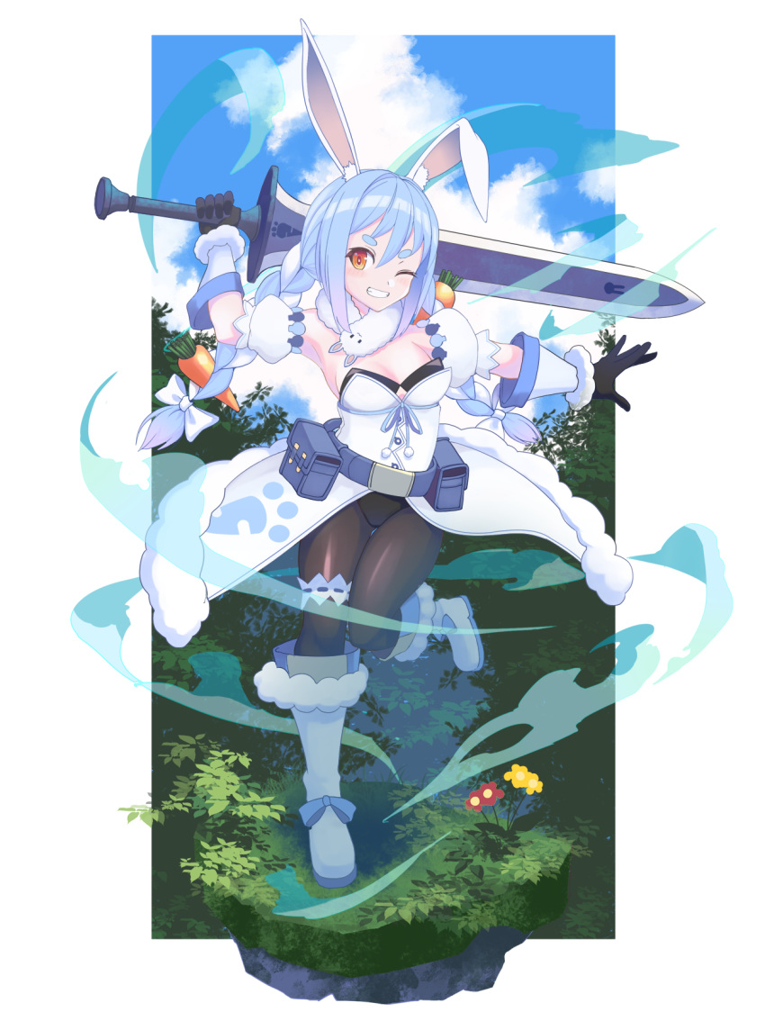 1girl animal_ear_fluff animal_ears aroha_j bangs belt black_gloves black_legwear blue_hair blue_sky blush boots bow braid breasts bunny-shaped_pupils carrot carrot_hair_ornament clouds coat food_themed_hair_ornament full_body fur-trimmed_boots fur-trimmed_gloves fur_scarf fur_trim gloves grin hair_bow hair_ornament highres holding holding_sword holding_weapon hololive leg_garter long_braid long_hair looking_at_viewer multicolored_hair one_eye_closed outdoors pantyhose pouch rabbit_ears scarf sky small_breasts smile solo sword thick_eyebrows twin_braids two-tone_hair usada_pekora virtual_youtuber weapon white_bow white_coat white_footwear white_hair