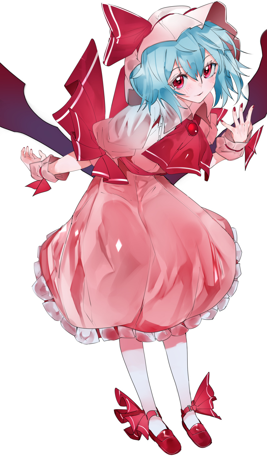 1girl absurdres ankle_ribbon arm_behind_back ascot bat_wings big_eyes blue_hair brooch buckle collared_dress dress frilled_dress frills full_body hair_between_eyes hat hat_ribbon high_collar highres ikurauni jewelry leaning_forward looking_at_viewer low_wings mary_janes mob_cap nail_polish parted_lips pink_dress puffy_short_sleeves puffy_sleeves red_eyes red_footwear red_nails red_neckwear red_ribbon remilia_scarlet ribbon sash shoes short_hair short_sleeves sidelocks simple_background solo touhou white_background white_legwear wings wrist_cuffs wrist_ribbon