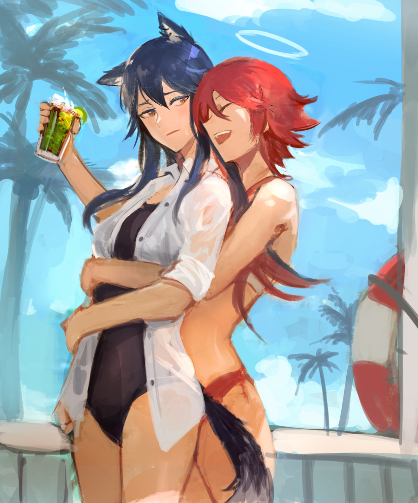 2girls ^_^ ^o^ alternate_costume animal_ears arknights bare_legs bikini black_hair black_swimsuit blue_sky blush breasts closed_eyes closed_mouth clouds cloudy_sky collared_shirt commentary cowboy_shot cup day drink earrings english_commentary exusiai_(arknights) glass halo highres holding holding_cup hug hug_from_behind innertube jewelry kupikuuu lime_slice long_hair looking_at_another looking_back medium_breasts multicolored_hair multiple_girls one-piece_swimsuit open_clothes open_mouth open_shirt orange_eyes outdoors palm_tree red_bikini redhead shirt short_hair short_sleeves sky smile streaked_hair sweatdrop swimsuit tail texas_(arknights) thighs tree two-tone_hair white_shirt wolf_ears wolf_tail yuri