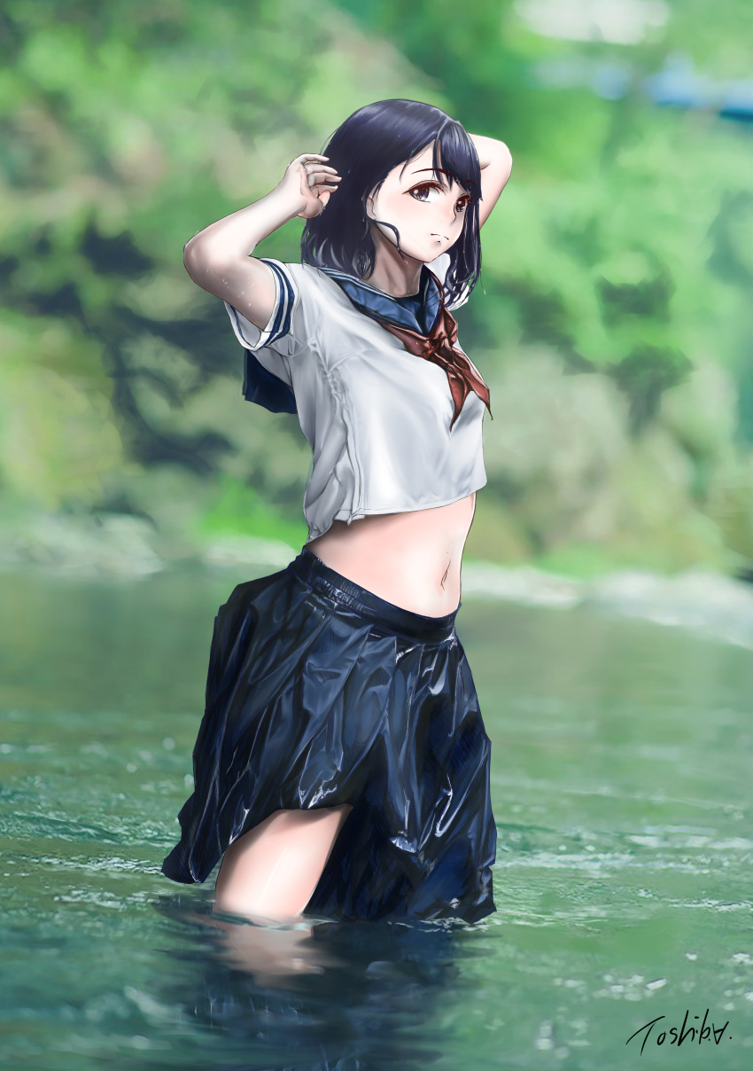 1girl absurdres adjusting_hair arms_up artist_name black_hair brown_eyes highres huge_filesize ikuokun0724 looking_at_viewer navel original partially_submerged pleated_skirt river sailor_collar shore skirt solo tree wet wet_clothes
