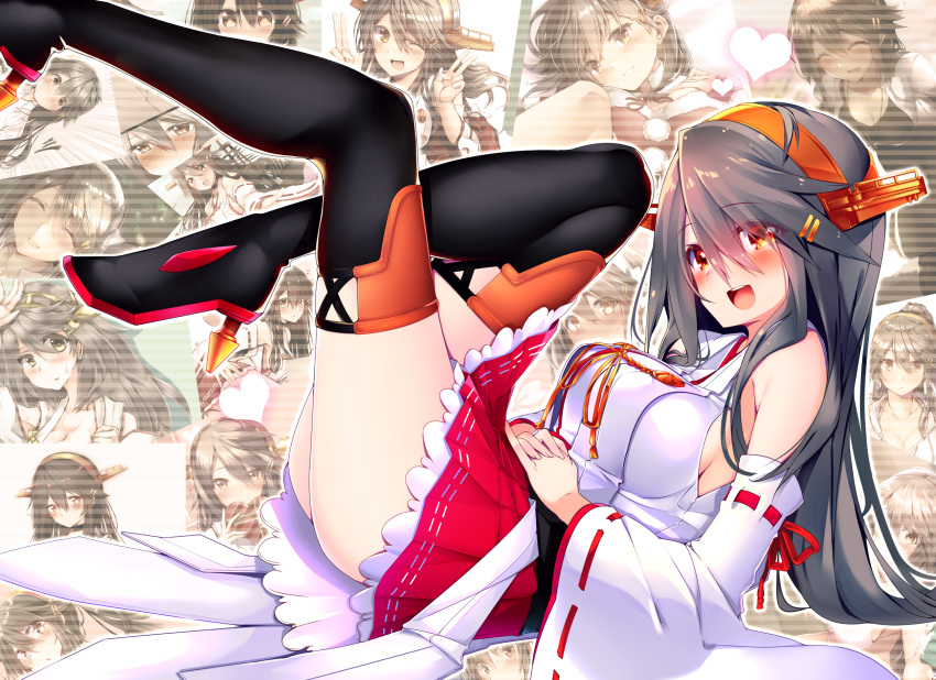 1girl :d anniversary bare_shoulders black_footwear blush boots breasts brown_eyes commentary_request eyebrows_visible_through_hair from_side grey_hair hair_between_eyes hair_ornament hairclip haruna_(kantai_collection) headgear high_heel_boots high_heels highres kantai_collection large_breasts legs_up long_hair looking_at_viewer lying nontraditional_miko on_back open_mouth pleated_skirt red_skirt remodel_(kantai_collection) ribbon-trimmed_sleeves ribbon_trim skirt smile solo thigh-highs thigh_boots tsukui_kachou