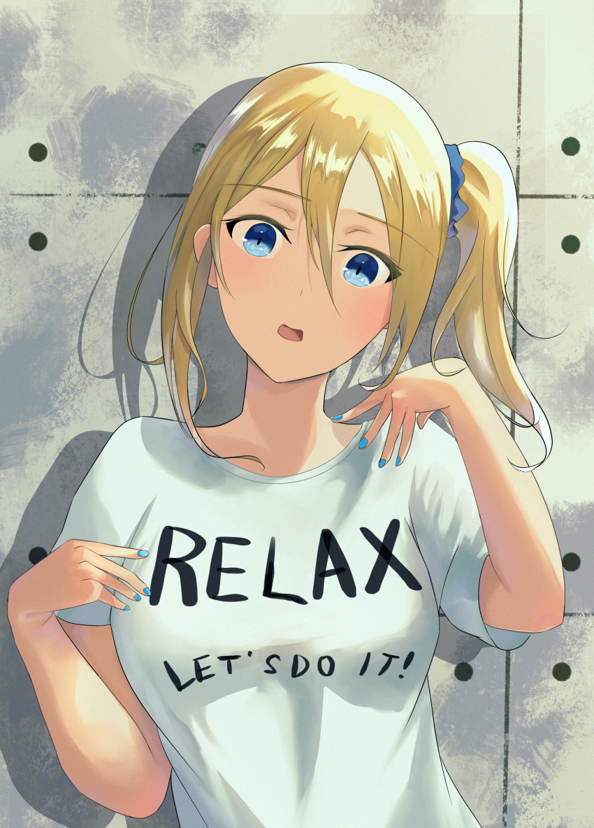 1girl absurdres aikawa_lotus bangs blonde_hair blue_eyes blue_nails breasts commentary commentary_request eyebrows_visible_through_hair frame grey_background hair_between_eyes hair_ornament hair_scrunchie hayasaka_ai highres kaguya-sama_wa_kokurasetai_~tensai-tachi_no_renai_zunousen~ looking_at_viewer medium_breasts open_mouth partial_commentary scrunchie shadow shirt short_sleeves side_ponytail simple_background solo two-tone_background white_shirt yellow_background