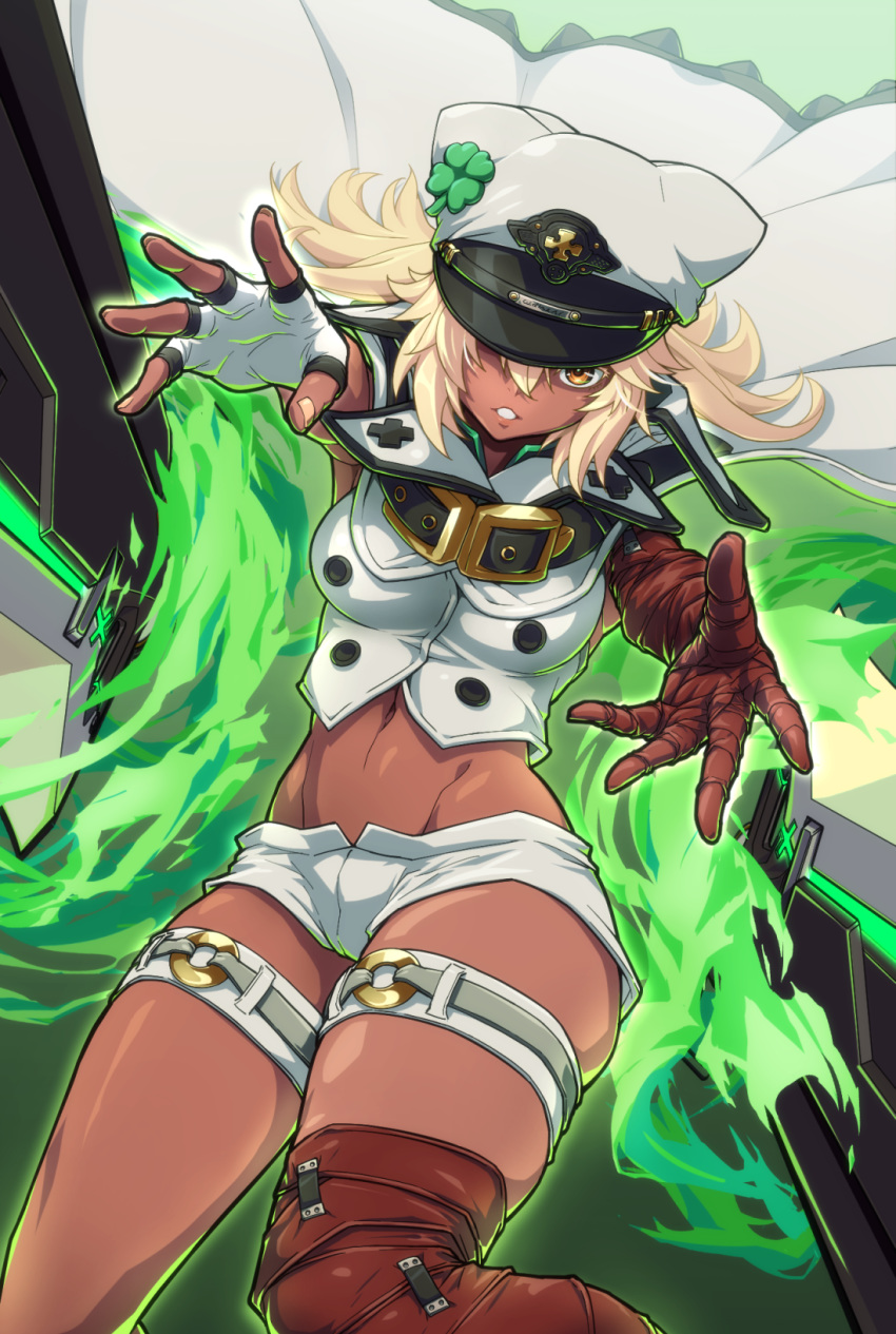 1girl bandaged_arm bandages belt belt_buckle blonde_hair breasts brown_footwear buckle cape clip_studio_paint_(medium) clover commentary_request crop_top dark_skin double-breasted fingerless_gloves four-leaf_clover gloves guilty_gear guilty_gear_strive hat highres long_hair looking_at_viewer medium_breasts micro_shorts midriff navel orange_eyes outstretched_arms parted_lips peaked_cap ramlethal_valentine reaching_out shirt short_shorts shorts single_glove single_thigh_boot sleeveless sleeveless_shirt solo stomach thigh_strap uganda weapon white_cape white_headwear white_shirt white_shorts