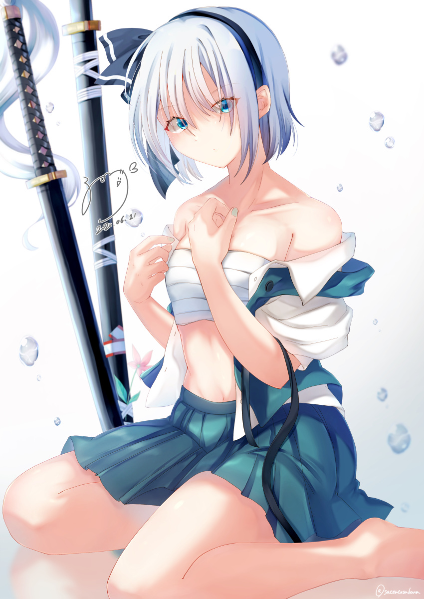 1girl absurdres bandages bangs bare_legs bare_shoulders barefoot black_hairband black_ribbon blue_eyes breasts collarbone commentary_request dated eyebrows_visible_through_hair gradient gradient_background green_skirt green_vest grey_background grey_nails hair_ribbon hairband hands_up highres katana konpaku_youmu looking_at_viewer midriff miniskirt nail_polish navel off_shoulder open_clothes open_shirt open_vest pleated_skirt puffy_short_sleeves puffy_sleeves ribbon sarashi scabbard sheath sheathed shirt short_hair short_sleeves silver_hair sitting skirt small_breasts solanikieru solo stomach sword thighs touhou vest water_drop weapon white_background white_shirt yokozuwari