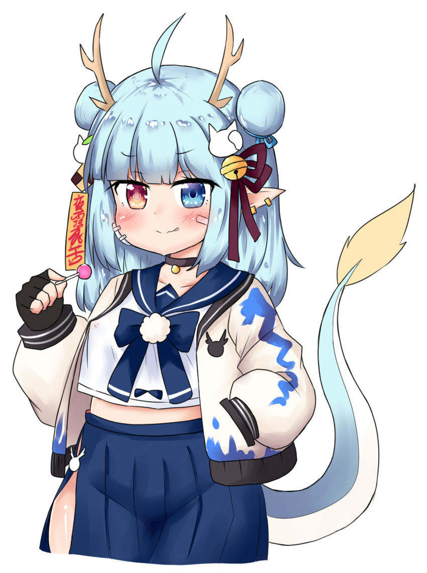 1girl :p ahoge antlers bailingxiao_jiu bell black_choker black_gloves blue_bow blue_eyes blue_hair blue_sailor_collar blue_skirt blush bow brown_ribbon candy cat_hair_ornament checkerboard_cookie choker closed_mouth collarbone cookie cropped_legs double_bun dragon_tail ear_piercing fingerless_gloves food gloves groin hair_bell hair_ornament hair_ribbon hand_up heterochromia highres holding holding_food holding_lollipop impossible_clothes impossible_skirt jacket jingle_bell lollipop long_hair long_sleeves looking_at_viewer open_clothes open_jacket original piercing pleated_skirt pointy_ears puffy_long_sleeves puffy_sleeves red_eyes ribbon sailor_collar school_uniform serafuku shirt skirt smile solo tail tail_raised tongue tongue_out white_jacket white_shirt