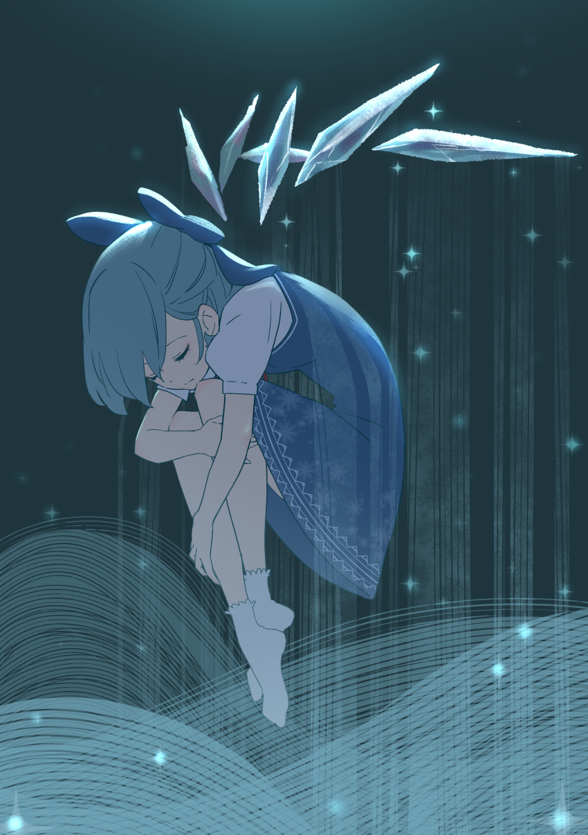 absurdres blue_bow blue_dress blue_hair bow cirno closed_eyes commentary_request detached_wings dress full_body grey_background highres ice ice_wings kawayabug knees_up leg_hug shirt short_hair short_sleeves socks sparkle touhou white_legwear white_shirt wings