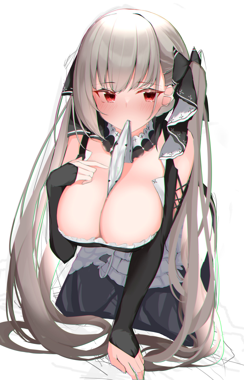 1girl azur_lane bangs bare_shoulders between_breasts black_bow black_dress blush bow breasts detached_collar dress eyebrows_visible_through_hair formidable_(azur_lane) hair_bow highres leaning_forward long_hair long_sleeves looking_at_viewer mouth_hold nephthys2356 pointing pointing_at_self red_eyes silver_hair simple_background sleeves_past_wrists solo twintails very_long_hair white_background