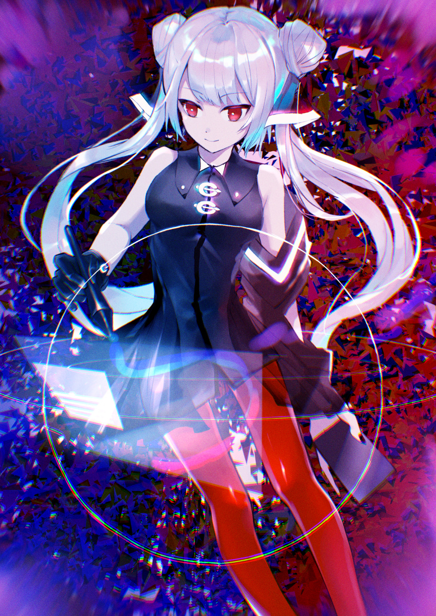 1girl absurdres bangs bare_shoulders black_dress black_gloves breasts closed_mouth collared_dress commentary_request dive_to_zone double_bun dress eyebrows_visible_through_hair gloves highres holding holding_stylus holographic_interface huge_filesize juu_ame long_hair medium_breasts pantyhose red_eyes red_legwear sidelocks silver_hair sleeveless sleeveless_dress smile solo stylus twintails very_long_hair