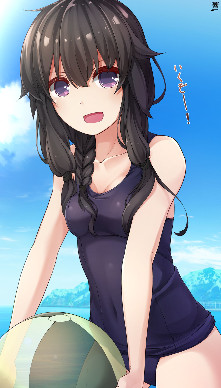 1girl absurdres alternate_costume ball bare_shoulders beachball black_hair blue_sky blush braid breasts clouds covered_navel day eyebrows_visible_through_hair hair_ornament hibiki_zerocodo highres holding holding_ball kantai_collection kitakami_(kantai_collection) long_hair looking_at_viewer mountainous_horizon one-piece_swimsuit open_mouth outdoors school_swimsuit see-through single_braid sky small_breasts smile solo standing swimsuit