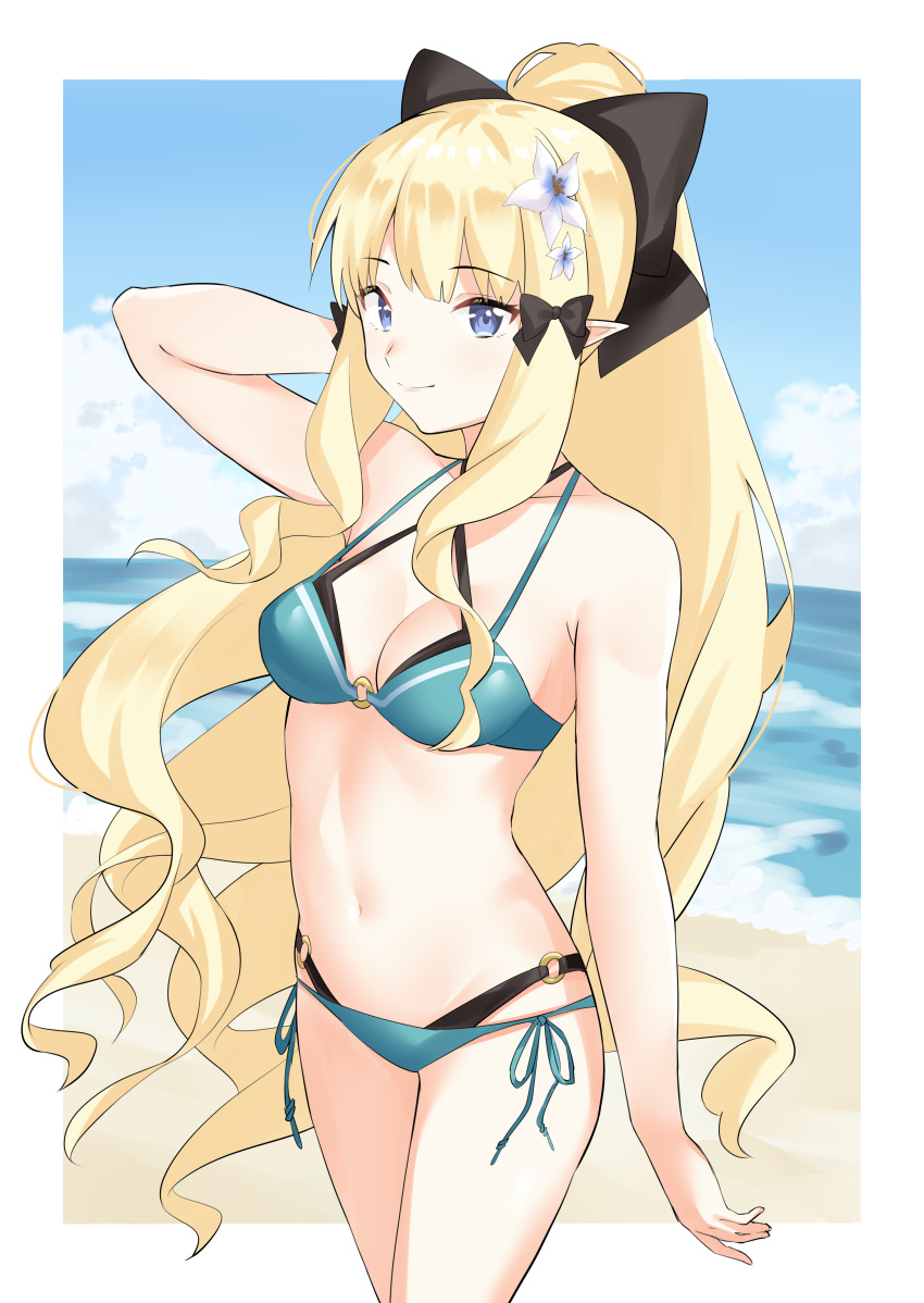 1girl absurdres bangs bikini black_bow blonde_hair blue_eyes blush bow breasts elf eyebrows_visible_through_hair flower hair_bow hair_flower hair_ornament highres large_breasts long_hair looking_at_viewer ndsa7423 pointy_ears ponytail princess_connect! princess_connect!_re:dive saren_(princess_connect!) smile solo swimsuit