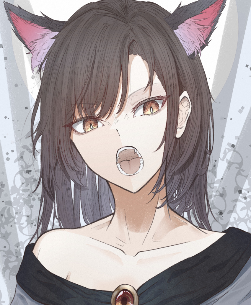 1girl animal_ear_fluff animal_ears bangs brooch brown_eyes brown_hair dress eyebrows_visible_through_hair eyes_visible_through_hair fangs hegata_(hegatia_lapis) highres imaizumi_kagerou jewelry long_hair looking_at_viewer off-shoulder_dress off_shoulder open_mouth touhou white_dress wolf_ears