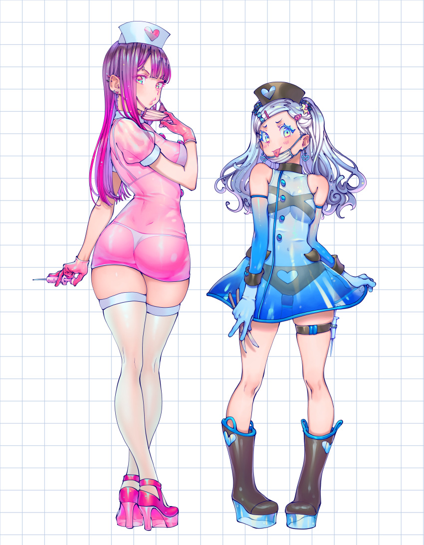 2girls absurdres bangs blue_dress blush bomhat breasts collarbone dress earrings hair_ornament highres jewelry knife mask medium_breasts mouth_mask multiple_girls nurse original piercing pink_dress platform_footwear platform_heels see-through skindentation surgical_mask syringe thigh-highs thigh_strap tongue tongue_out tongue_piercing