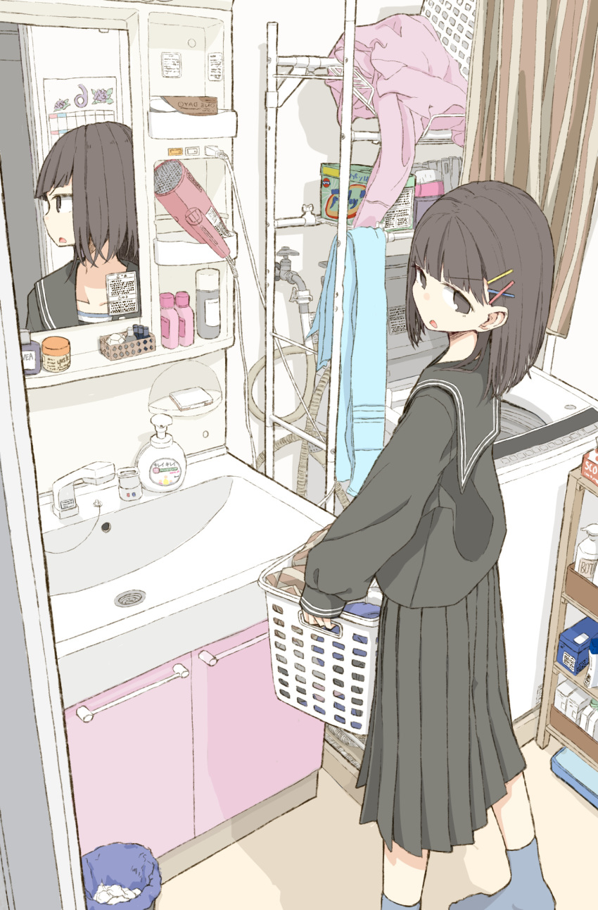 1girl bangs basket black_eyes black_hair black_sailor_collar black_serafuku black_shirt black_skirt blue_legwear blunt_bangs commentary_request curtains eyebrows_visible_through_hair faucet hair_ornament hairclip highres holding holding_basket indoors laundry laundry_basket long_sleeves looking_at_viewer looking_to_the_side mirror no_shoes original parted_lips pleated_skirt puffy_long_sleeves puffy_sleeves reflection sailor_collar school_uniform serafuku shirt sink skirt sleeves_past_wrists socks solo standing trash_bag usui_harusame v-shaped_eyebrows x_hair_ornament