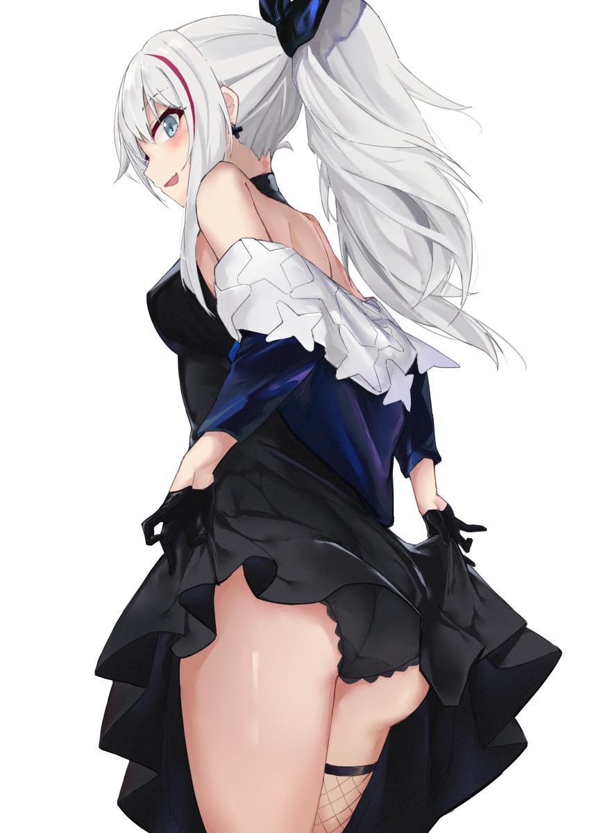 1girl absurdres ass back bare_shoulders black_dress black_gloves black_panties blue_eyes blue_jacket breasts cowboy_shot dress dress_lift earrings fang fishnet_legwear fishnets from_behind girls_frontline gloves hair_ribbon half_gloves halter_dress halterneck highres jacket jewelry jeynine9 long_hair looking_at_viewer looking_back mdr_(girls_frontline) medium_breasts multicolored_hair off_shoulder open_mouth panties ponytail ribbon sidelocks simple_background single_thighhigh sleeveless sleeveless_dress smile solo standing streaked_hair thigh-highs thighs underwear white_background white_hair