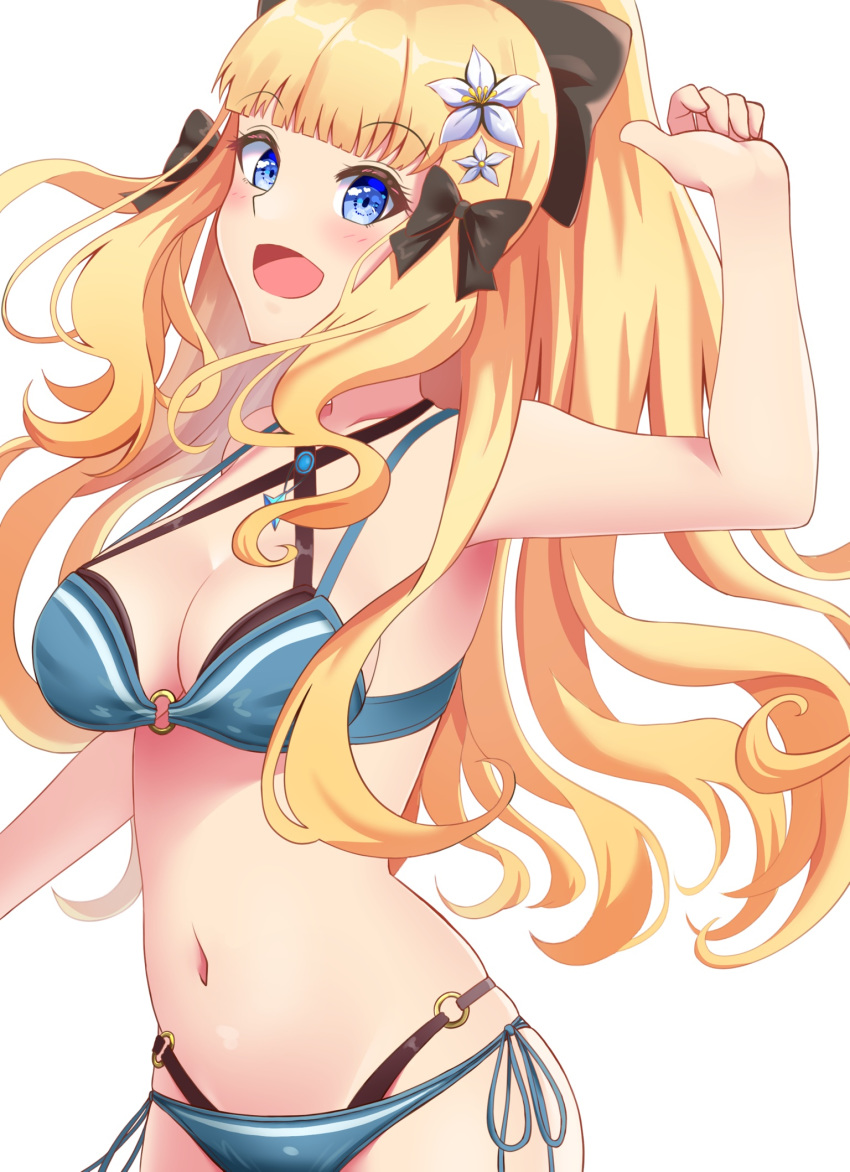 1girl bangs bikini black_bow blonde_hair blue_eyes blush bow breasts elf eyebrows_visible_through_hair flower hair_bow hair_flower hair_ornament highres large_breasts long_hair looking_at_viewer nishiwaki_rui_(gfew5483) open_mouth pointy_ears ponytail princess_connect! princess_connect!_re:dive saren_(princess_connect!) smile solo swimsuit