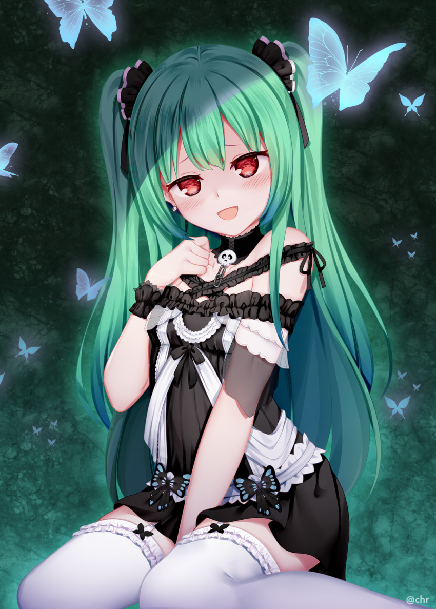 1girl :d animal bangs bare_shoulders between_legs black_collar black_dress black_ribbon blush breasts bug butterfly chain chrisandita collar dress eyebrows_visible_through_hair frilled_legwear green_hair hair_ribbon hand_between_legs hand_up highres hololive insect looking_at_viewer open_mouth red_eyes ribbon see-through shaded_face sitting skull small_breasts smile solo thigh-highs twitter_username two_side_up uruha_rushia virtual_youtuber wariza white_legwear