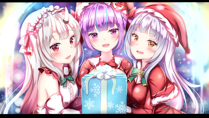 3girls :d absurdres ahoge aqua_hair bangs blunt_bangs blush bow bowtie box braid breasts capelet christmas commentary detached_sleeves dress eyebrows_visible_through_hair fangs french_braid gift gift_box hair_ribbon hairband hat highres holding holding_box hololive horns letterboxed long_hair looking_at_viewer medium_breasts minato_aqua multicolored_hair multiple_girls murasaki_shion nakiri_ayame oni_horns open_mouth orange_eyes purple_hair red_capelet red_dress red_eyes red_headwear red_neckwear redhead ribbon santa_costume santa_hat shirt silver_hair smile snowflake_print streaked_hair two-tone_hair upper_body violet_eyes virtual_youtuber white_shirt yuano