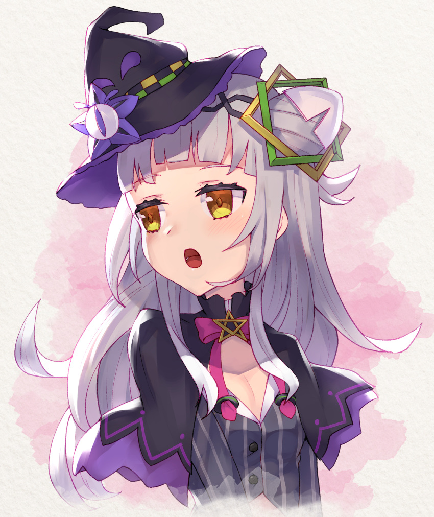 1girl bangs black_capelet black_hairband black_headwear bow breasts brown_eyes capelet eyebrows_visible_through_hair grey_hair grey_shirt hair_bun hairband hat highres hololive long_hair looking_away looking_to_the_side masaki_(msk064) mini_hat mini_witch_hat murasaki_shion open_mouth pink_bow shirt side_bun small_breasts solo star_(symbol) striped striped_shirt tilted_headwear upper_body vertical-striped_shirt vertical_stripes virtual_youtuber witch_hat